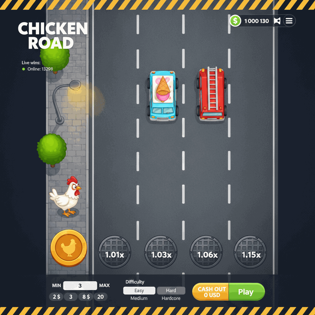 Schermata di gioco Chicken Road che mostra una gallina cartoon su un marciapiede urbano pronta ad attraversare una strada multi-corsia con moltiplicatori visibili su ogni corsia, sfondo grigio stradale con linee tratteggiate bianche e scenografia urbana con alberi verdi e lampione